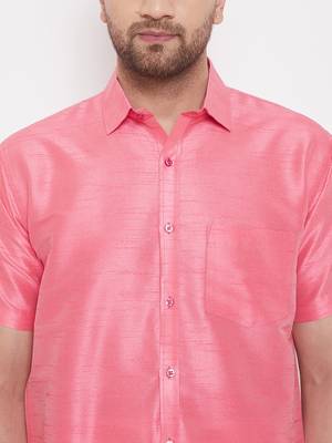 Pink woven silk blend shirt & mundu 5