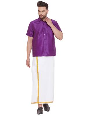 Purple woven silk blend shirt & mundu 1