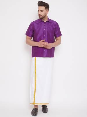 Purple woven silk blend shirt & mundu 2