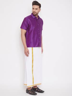Purple woven silk blend shirt & mundu 3