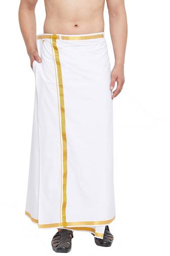 Vastramay Men's White And Gold Dhoti / Mundu / Vesty