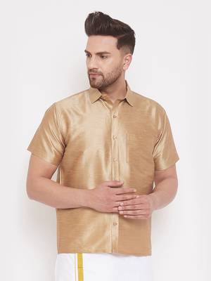 Gold Plain Silk Blend Shirt 2