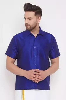 Blue Plain Silk Blend Shirt