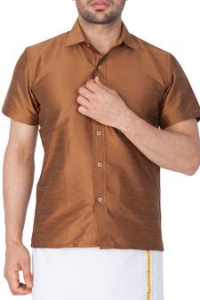 Brown Plain Silk Blend Shirt