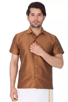 Brown Plain Silk Blend Shirt