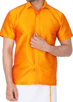 Orange Plain Silk Blend Shirt 1