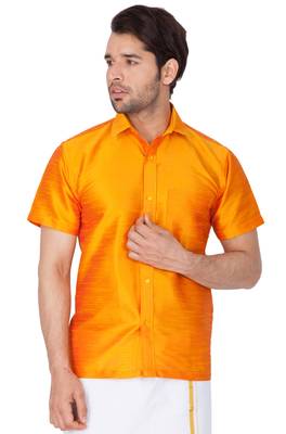 Orange Plain Silk Blend Shirt 2