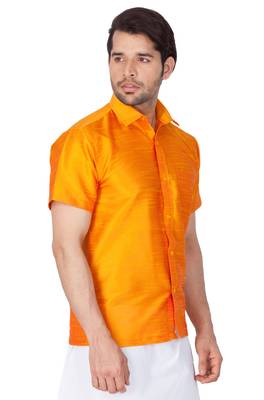 Orange Plain Silk Blend Shirt 3