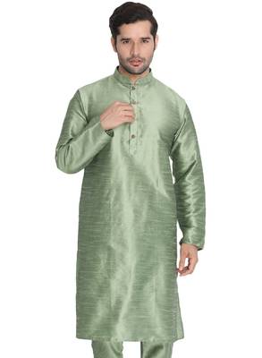 Green Plain Silk Blend Men-Kurtas 1