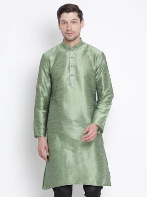 Green Plain Silk Blend Men-Kurtas 2