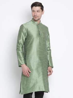 Green Plain Silk Blend Men-Kurtas 3
