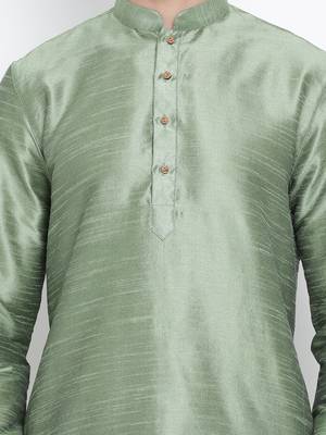 Green Plain Silk Blend Men-Kurtas 4