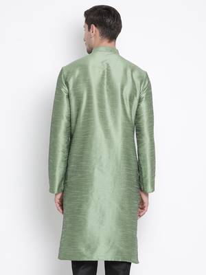 Green Plain Silk Blend Men-Kurtas 5