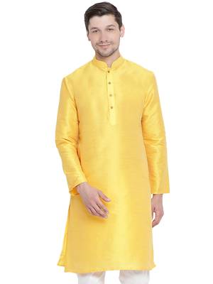 Yellow Plain Silk Blend Men-Kurtas 1