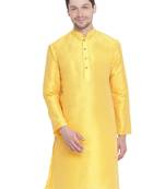 Yellow Plain Silk Blend Men-Kurtas