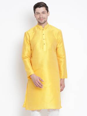 Yellow Plain Silk Blend Men-Kurtas 2