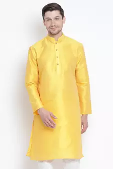 Yellow Plain Silk Blend Men-Kurtas