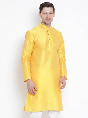 Yellow Plain Silk Blend Men-Kurtas 3