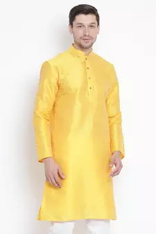 Yellow Plain Silk Blend Men-Kurtas