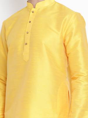 Yellow Plain Silk Blend Men-Kurtas 4