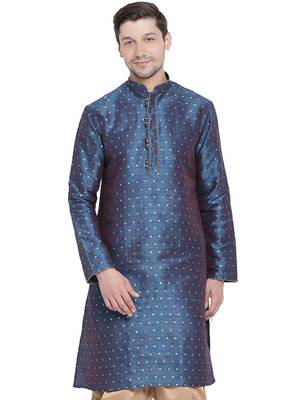 Blue Plain Silk Blend Men-Kurtas 1