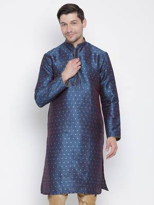 Blue Plain Silk Blend Men-Kurtas 2