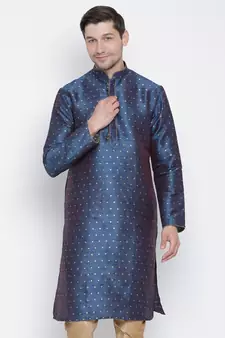 Blue Plain Silk Blend Men-Kurtas