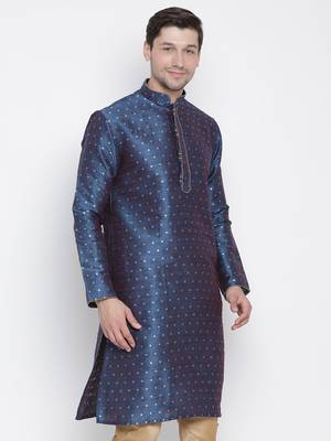 Blue Plain Silk Blend Men-Kurtas 3