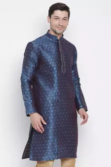 Blue Plain Silk Blend Men-Kurtas
