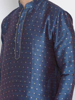 Blue Plain Silk Blend Men-Kurtas 4