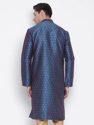 Blue Plain Silk Blend Men-Kurtas 5