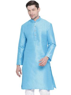 Blue Plain Silk Blend Men-Kurtas 1
