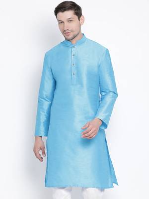 Blue Plain Silk Blend Men-Kurtas 2