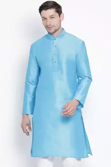 Blue Plain Silk Blend Men-Kurtas