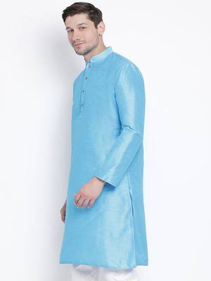 Blue Plain Silk Blend Men-Kurtas 3