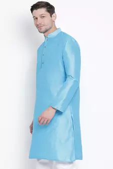Blue Plain Silk Blend Men-Kurtas