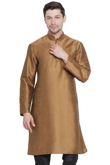 Brown Plain Silk Blend Men-Kurtas