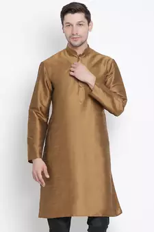 Brown Plain Silk Blend Men-Kurtas