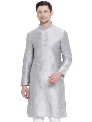 Grey Plain Silk Blend Men-Kurtas 1
