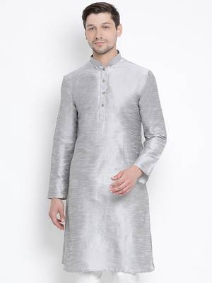 Grey Plain Silk Blend Men-Kurtas 2