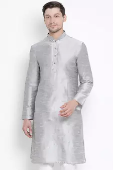 Grey Plain Silk Blend Men-Kurtas