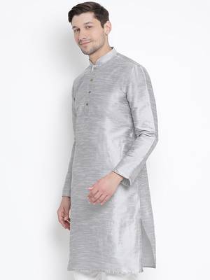 Grey Plain Silk Blend Men-Kurtas 3