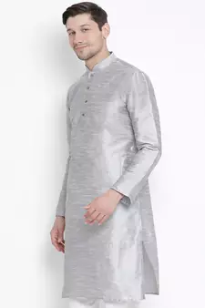 Grey Plain Silk Blend Men-Kurtas