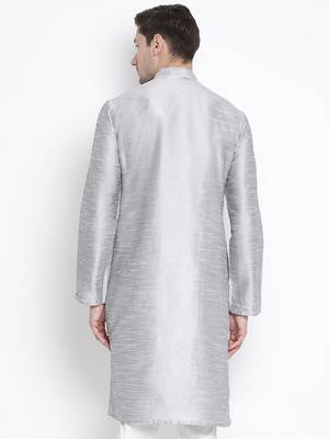 Grey Plain Silk Blend Men-Kurtas 5
