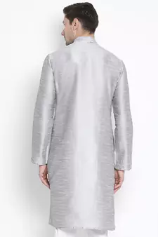 Grey Plain Silk Blend Men-Kurtas