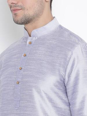 Blue Plain Silk Blend Men-Kurtas 4