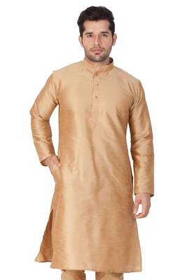 Gold Plain Silk Blend Men-Kurtas 3
