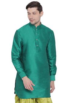 Green Plain Silk Blend Men-Kurtas