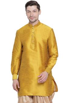 Yellow Plain Silk Blend Men-Kurtas