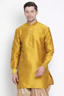 Yellow Plain Silk Blend Men-Kurtas
